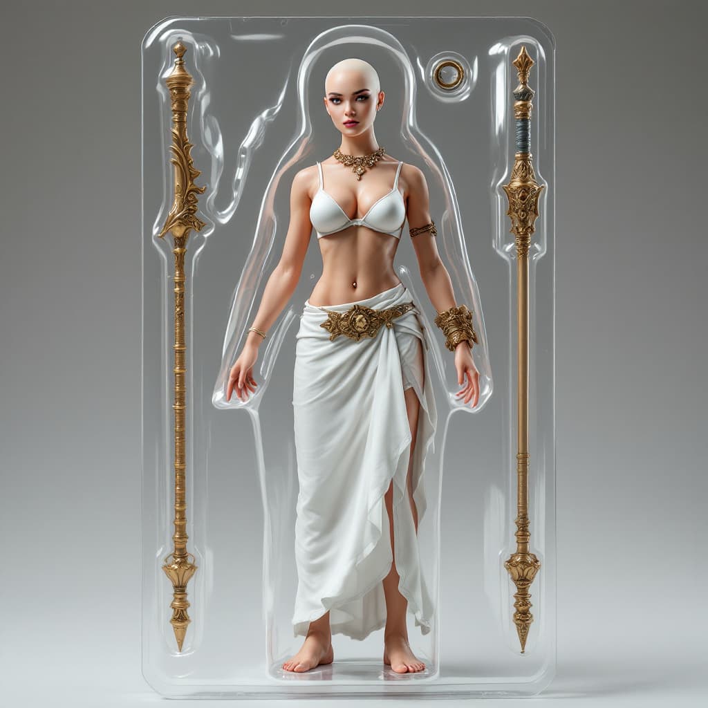 AI generated: Full body view of A photo-realistic action figure packaged in a blister card, The figure stands behi...