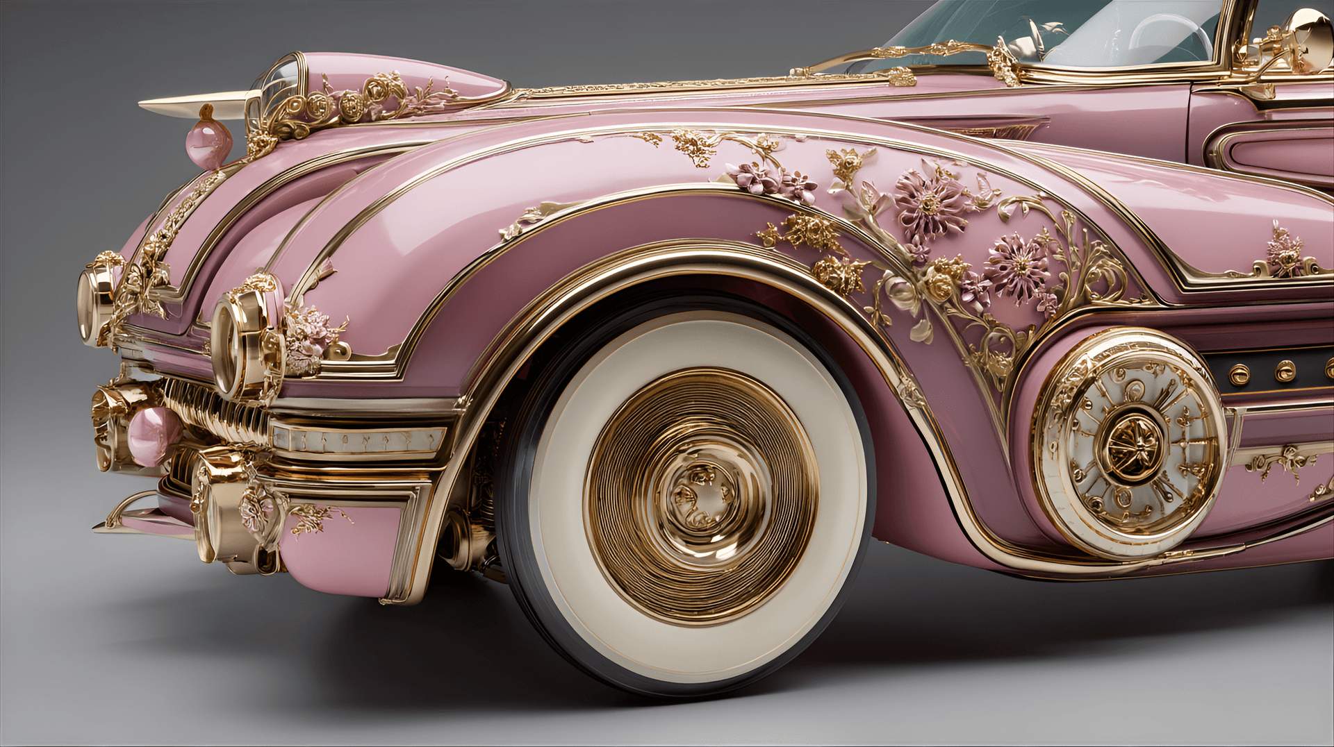 AI generated: pink and gold custom car,  exquisitely detailed,  ornate,  sculptural,  vintage,  futuristic,  luxur...