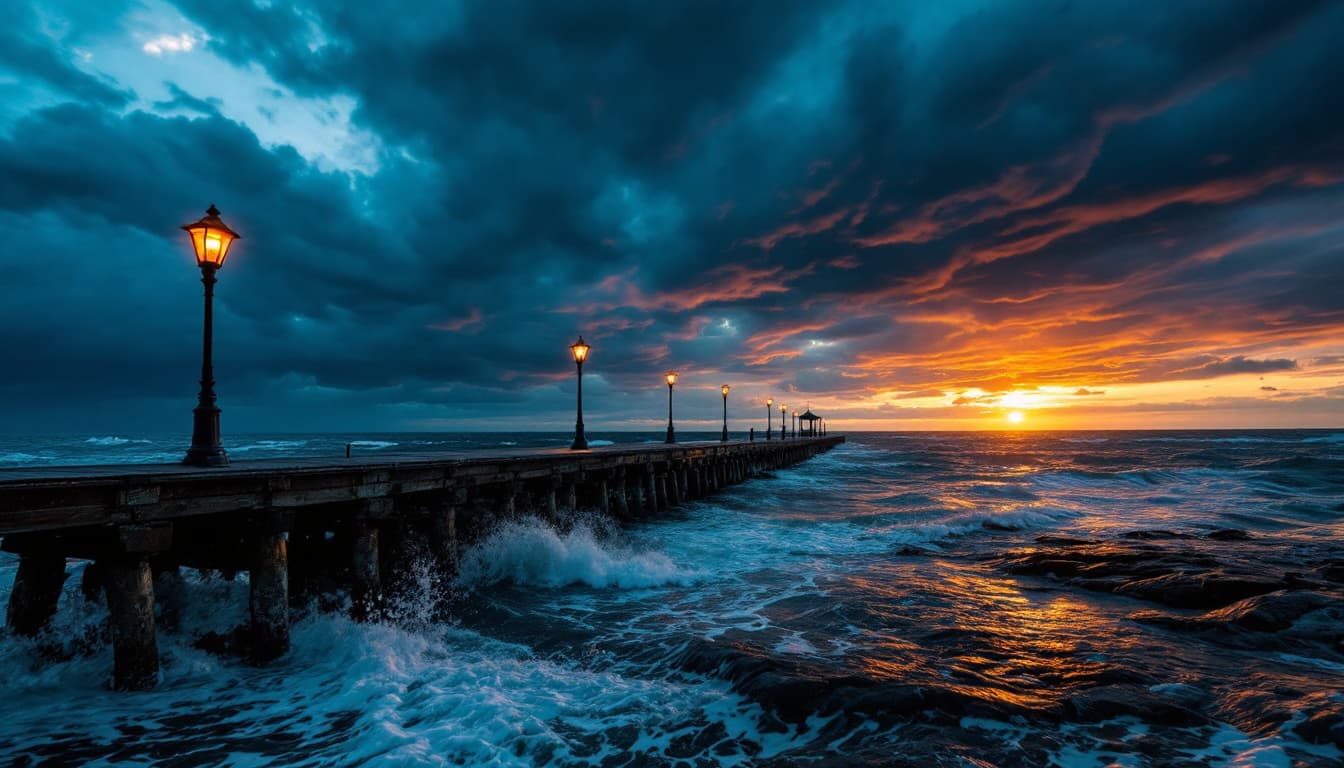 AI generated: Old pier,dramatic stormy day at sunset,cinematic,