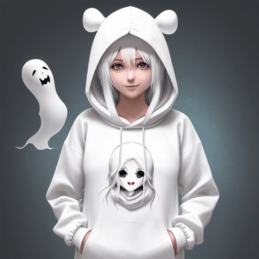 AI generated: perfect anime quality, (beautiful:1.2), white hair, pretty, happy, anime girl, wearing hoodie with h...