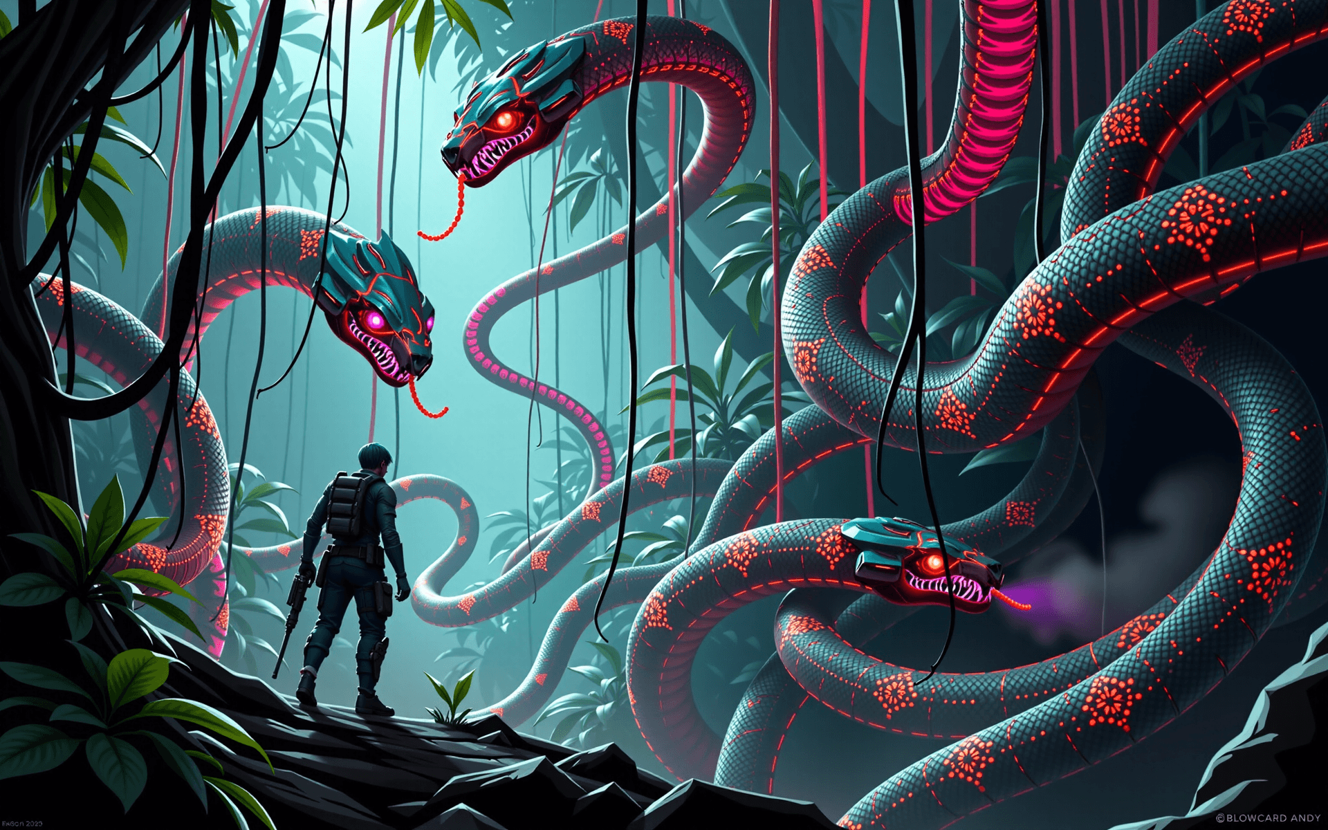 AI generated: A lone hero stands defiant in the heart of a dense, surreal jungle teeming with cybernetic snakes. V...