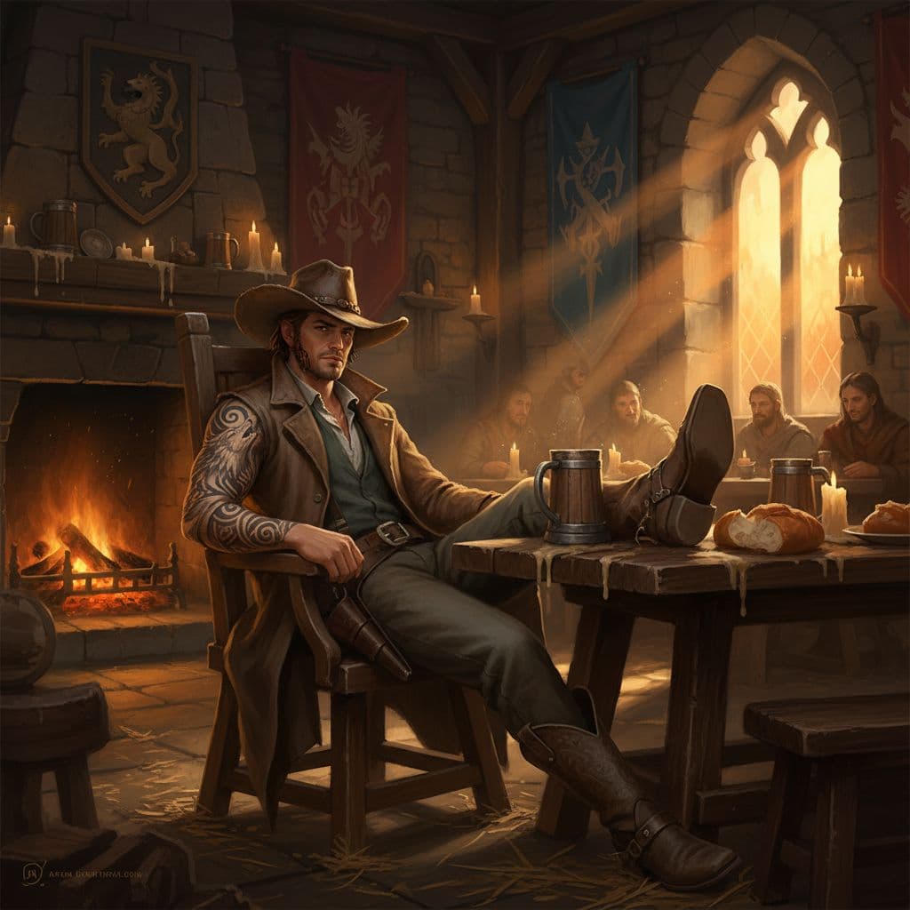 AI generated: a male cowboy like in a western in a wide-brimmed hat, tattoo on his arm, full body, sits in a medie...
