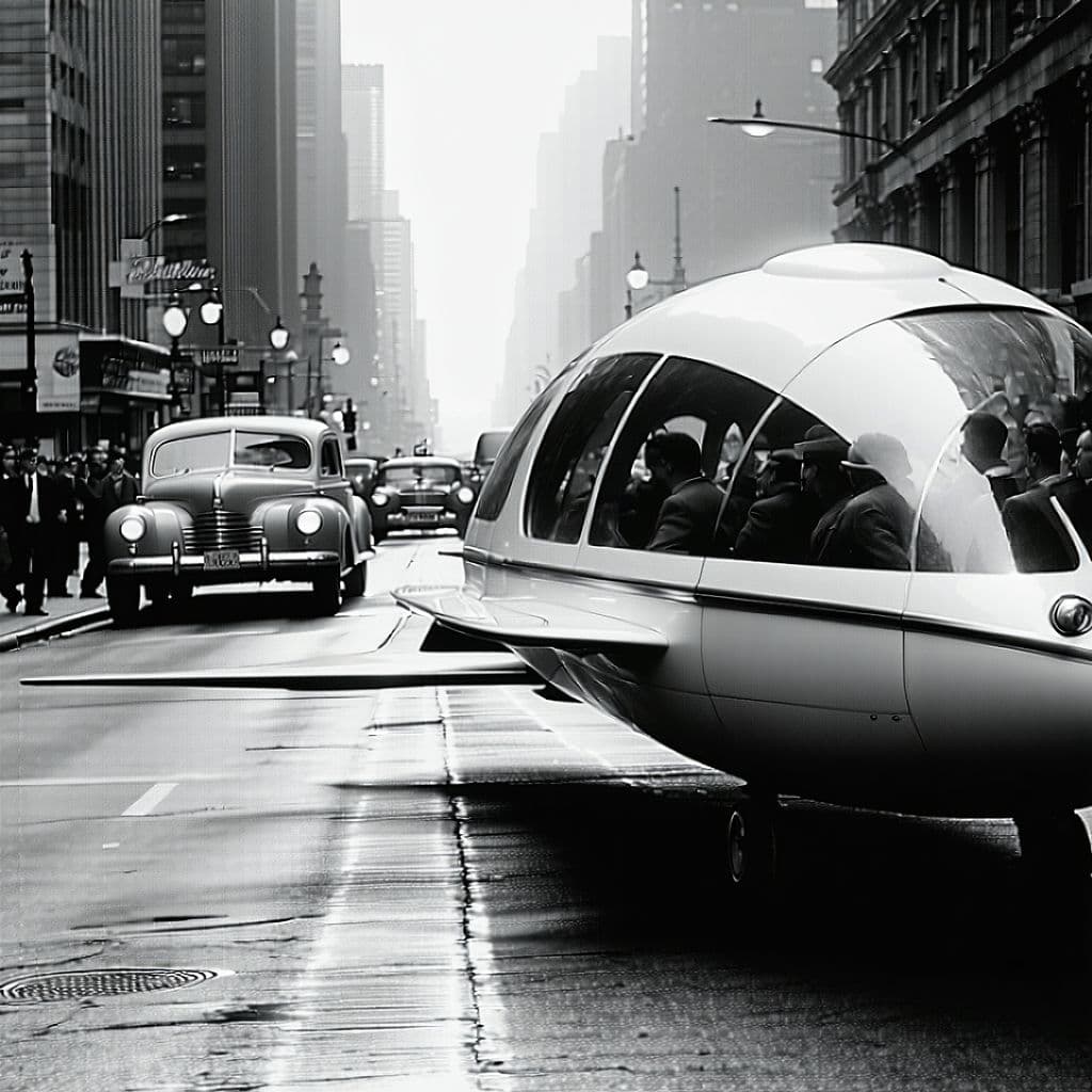 AI generated: sci-fi personal transportation vehicle,retro style 50s, flying on the street of new york. horizontal...