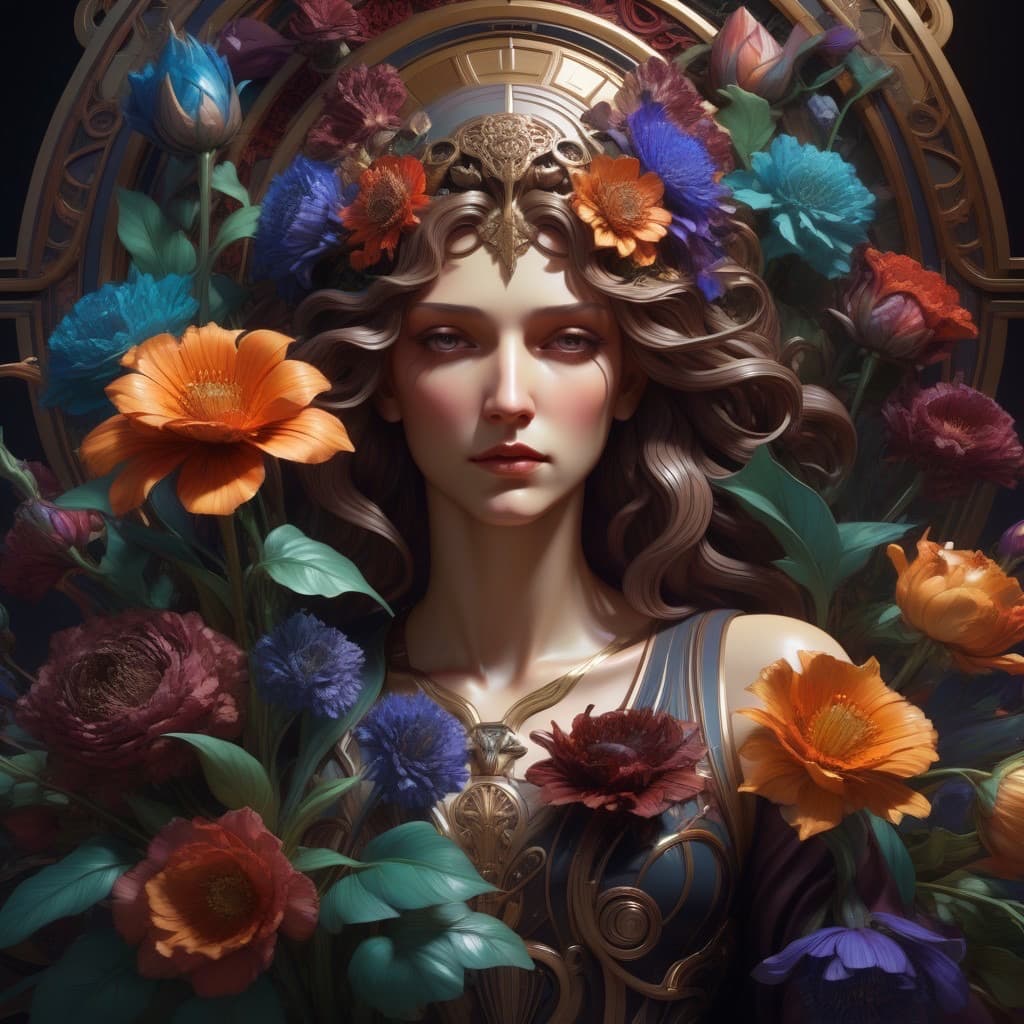 AI generated: Renaissance dystopian Flower Arrangement Deep Colors Artposter Intricate Art-Deco elements of the My...
