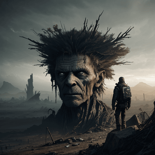 AI generated: A ragged wanderer walks through a destroyed dystopian Landscape ,Aliens are the new ruler of the wor...