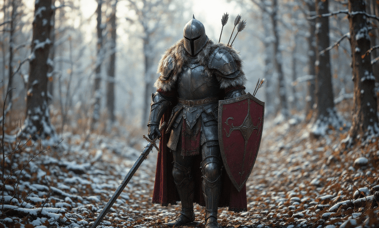 AI generated: This knight is standing, somewhat wounded, with some arrows stuck in his shield. He walks with diffi...