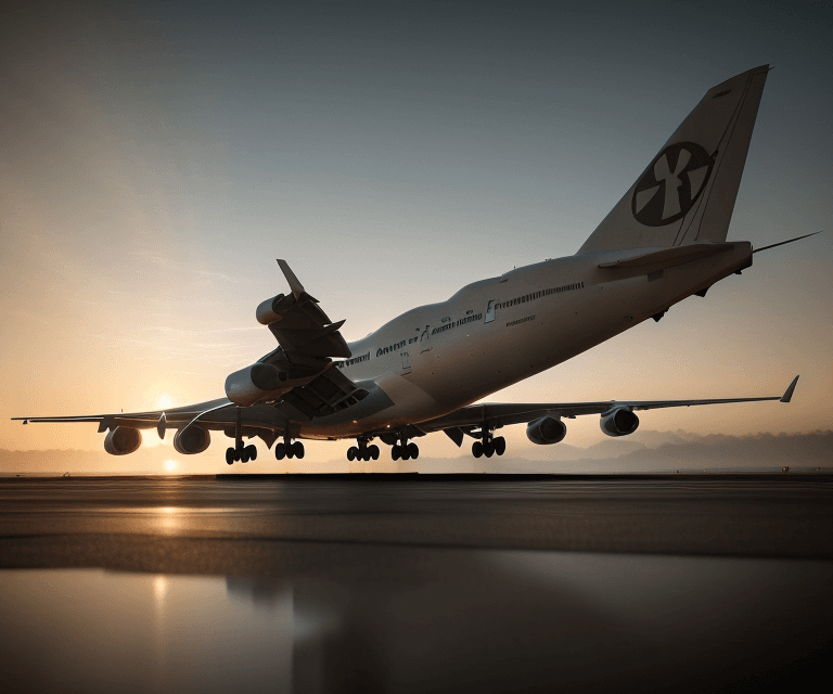AI generated: Photo of an ultra realistic Boeing 747 jet airplane, dramatic cinematic lighting, pale sunrise, batt...