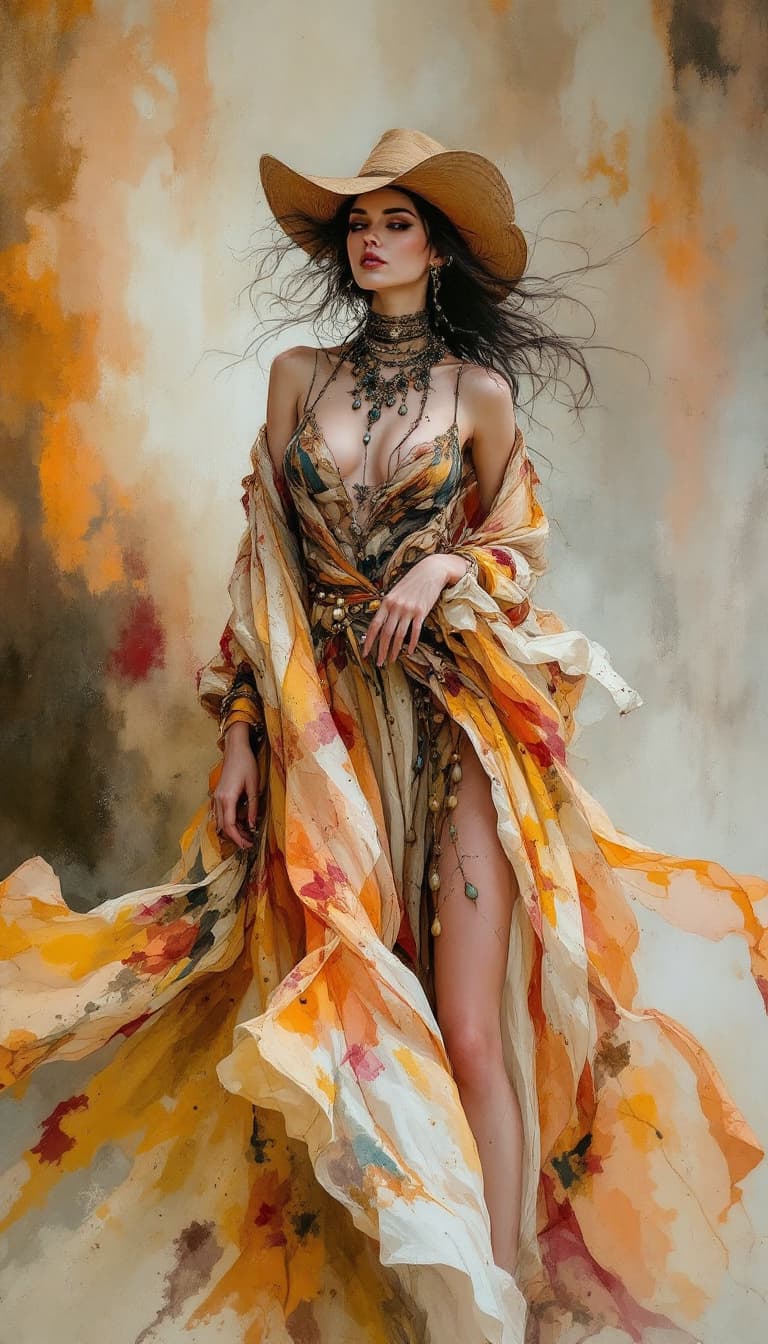 AI generated: A spectacular, large-scale painting of a mysterious and alluring woman adorned in richly textured, b...
