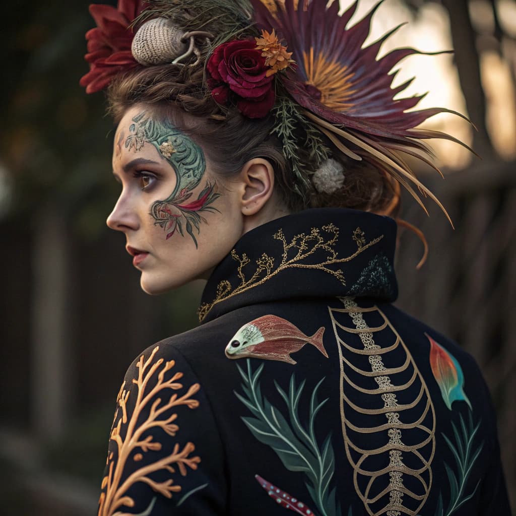 AI generated: Goddess close-up portrait ribcagel. jellyfish phoenix head, nautilus, orchid, skull, betta fish, bio...