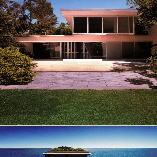 AI generated: Hyper realistic eye level exterior photo of a mid century modern style house overlooking the ocean, ...
