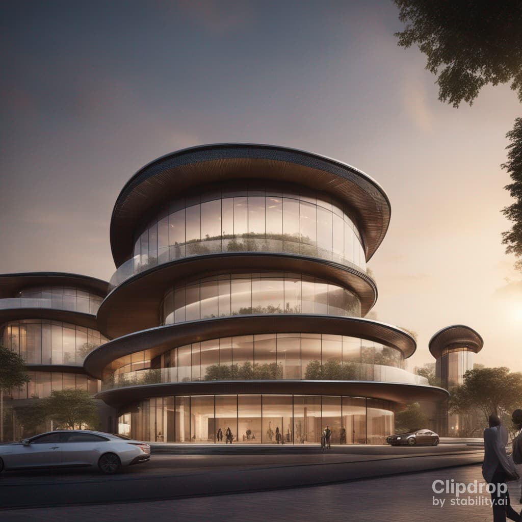 AI generated: Stylish modern building with smooth facade lines with bogolan characters, building project of the ci...