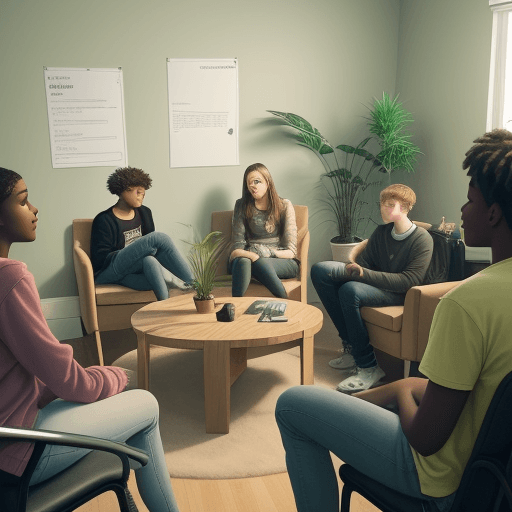 AI generated: Create a scene featuring a group therapy session for teenagers in a comfortable, modern room with so...