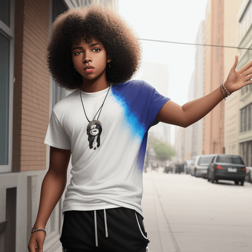 AI generated: A black boy with curly hair in an urban style, just looking straight ahead, white t-shirt with jagge...