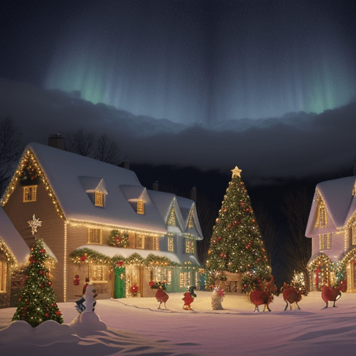 AI generated: "Create a vibrant, festive Christmas scene with a snowy village at night. The sky is filled with twi...