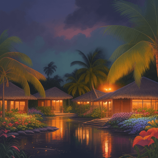 AI generated: S You'd like an illustration of a night scene set in a tropical oasis with colorful flowers in the f...