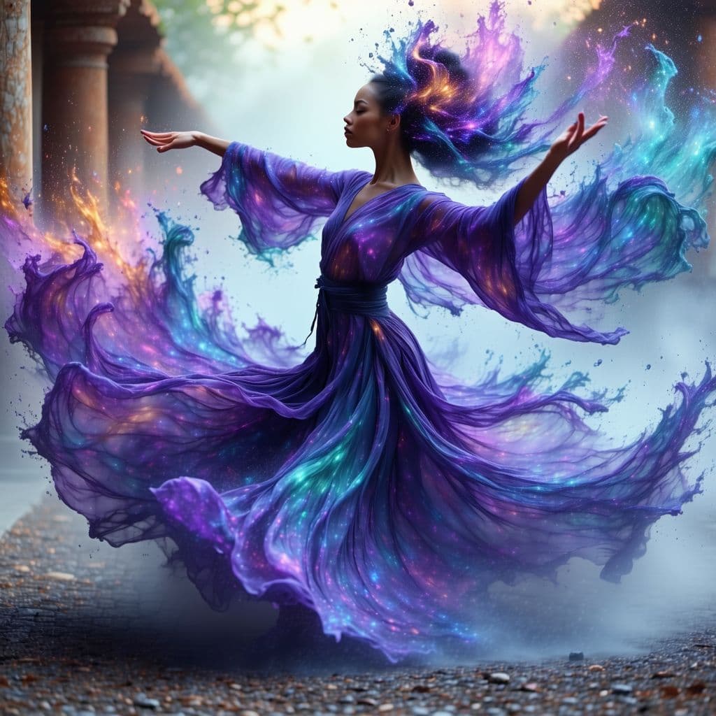 AI generated: A playful elemental dancer, her form shifting like the wind, her clothing crafted from the elements ...