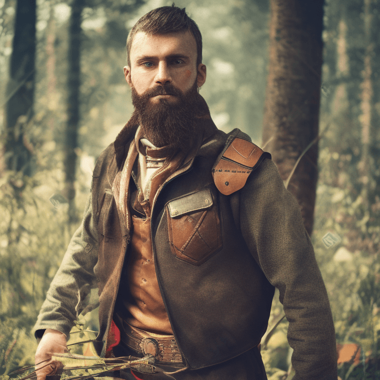 AI generated: Photo of a handsome and rugged male hunter wearing leather and cloth attire, upper body, outdoors, f...