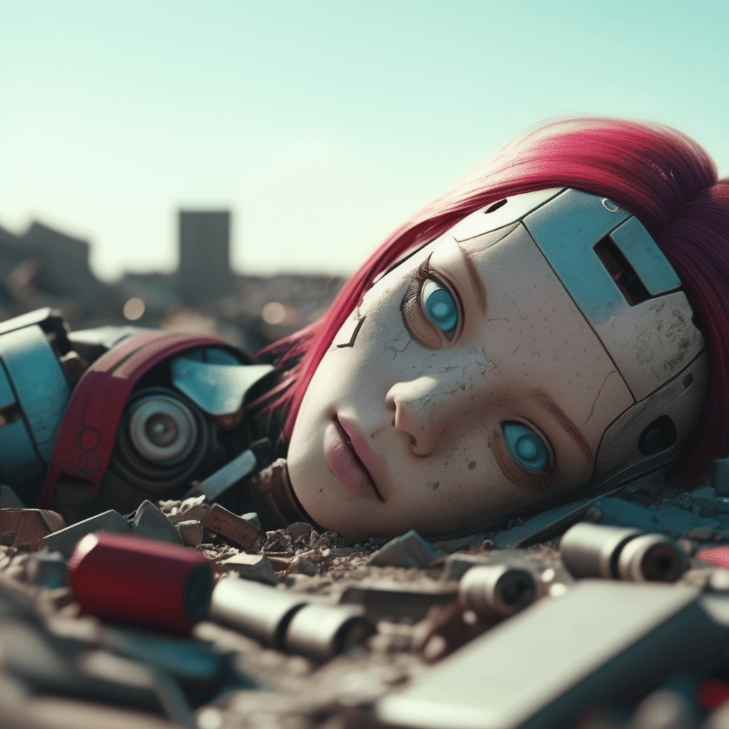 AI generated: Photo of a broken ruined cyborg girl in a landfill, robot, body is broken with scares and holes, lay...