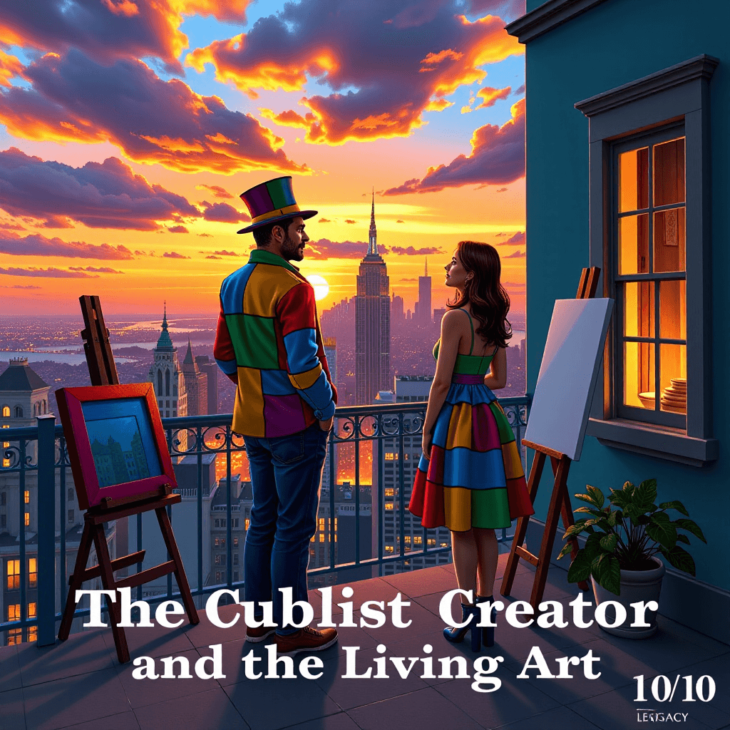 AI generated: The Cubist Creator and the Living Art - 10 of 10: The colorful, living cubist artist (vibrant, fragm...