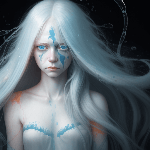 AI generated: An albino woman with beautiful light blue eyes and long hair is feeling sad, background is dark with...