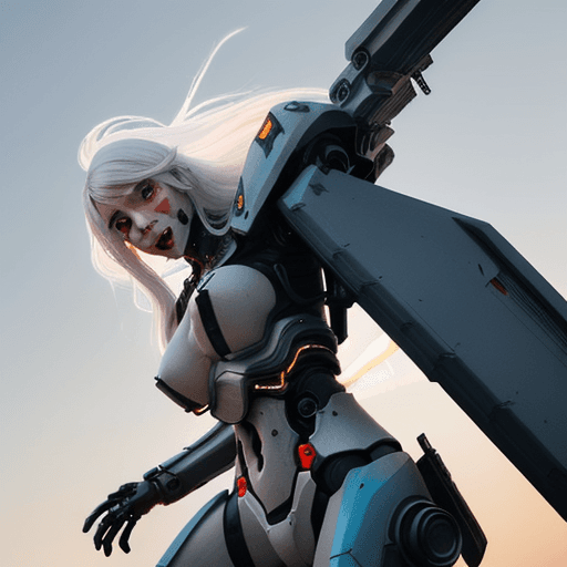 AI generated: urbanpunk, low angle shot, a pretty cyborg ninja with multicolor notched light cyberpunk armor, pret...
