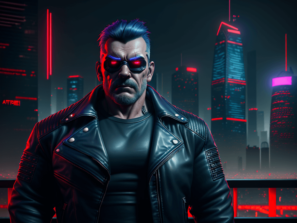 AI generated: Strong man, leather jacket, cyberpunk, dark indigo red light, agressive. octane render, trending on ...