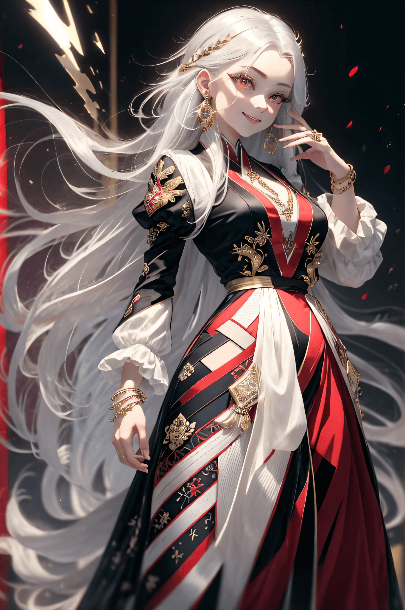 AI generated: (simple hands:0.5)+(detailed hands:0.7), (masterwork), (best quality), white hair, red eyes, orienta...