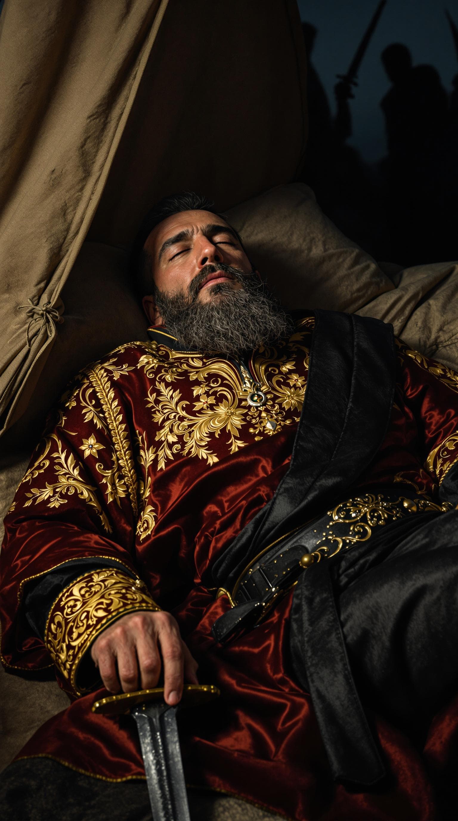 AI generated: Nader Shah Afshar, now 60 years old, lies within a canvas tent, his face marked with the deep lines ...