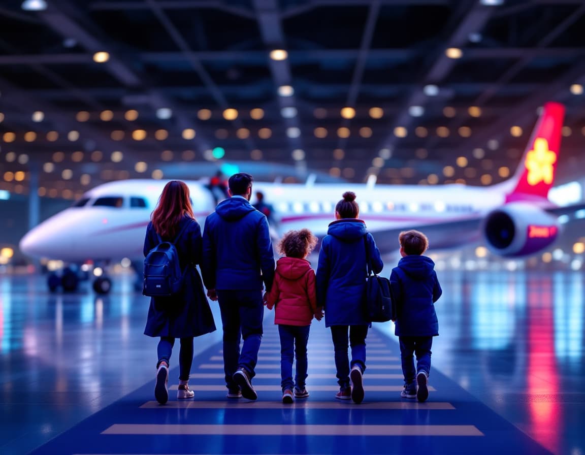 AI generated: familia con cinco hijos rubios, con edades de 10,8,5,4,1, con su padre y su madre, morenos, airport,...