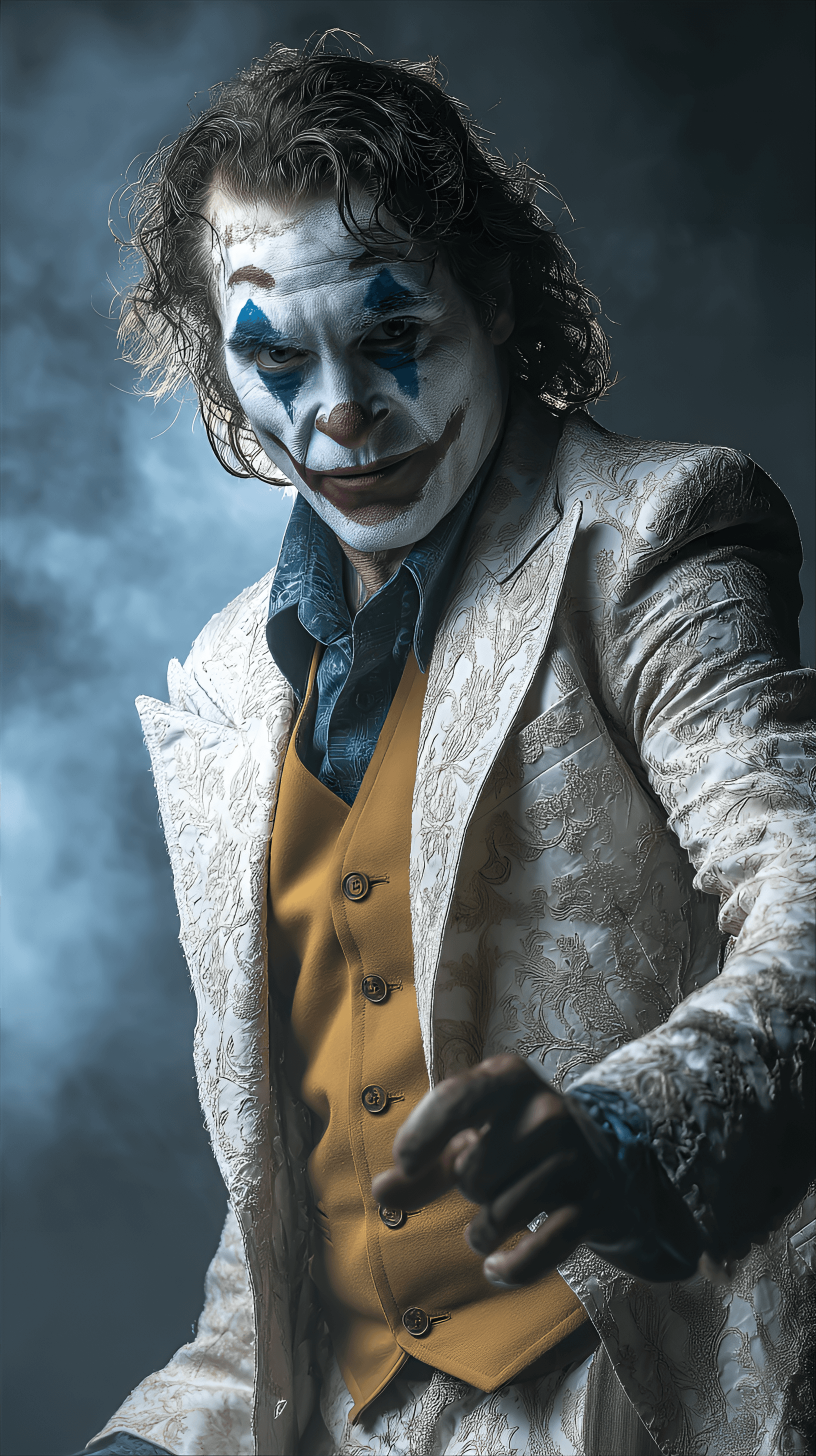 AI generated: man, likely in his 30s, portraying the Joker character.  He has dark brown hair styled in a messy fa...