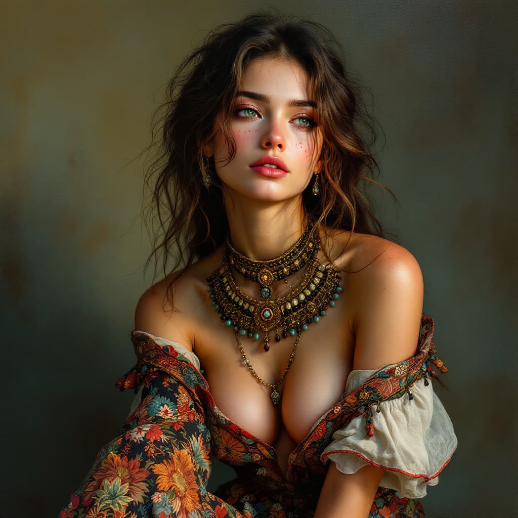 AI generated: A meticulously detailed, hyper-realistic oil painting featuring a captivating boho woman with striki...