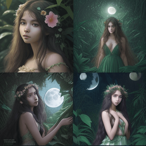 AI generated: High resolution photography OF GIRL IN THE JUNGLE 
AND SEE THE MOON. AESTHETIC, DEEP THOUGHTS, LONG ...