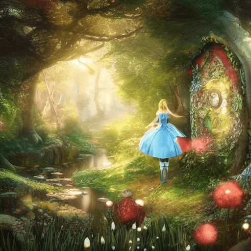 AI generated: Alice in Wonderland, dreamy theme, magic realism theme, wonderland theme, fairy light, art by Aleksi...