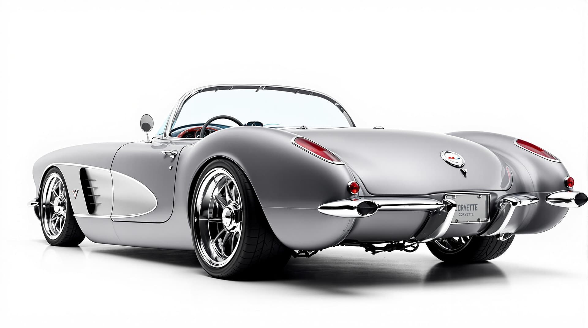 AI generated: Hyper realistic 1958 chevy corvette convertible, rear side view, gray color, restomod with 20" deep ...