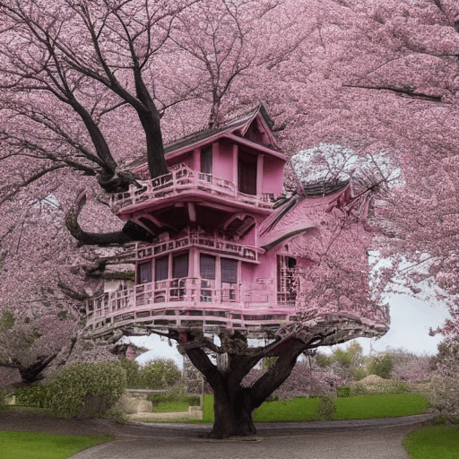 AI generated: THE CHERRY BLOSSOM TREE HOUSE :: beautiful ornate treehouse in a gigantic pink cherry blossom tree :...