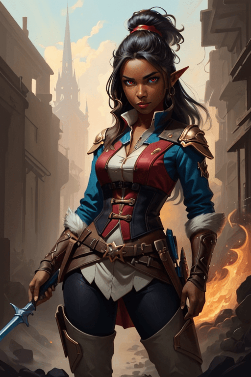 AI generated: A photo of a female elf assassin, dark skin, red eyes, digital art, overdetailed art, by Dan Mumford...