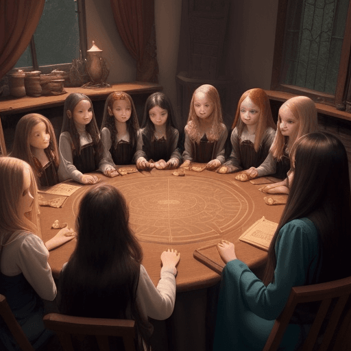 AI generated: The magician teacher is dark haired with long hair, and his students, five beautiful girls, blonde, ...
