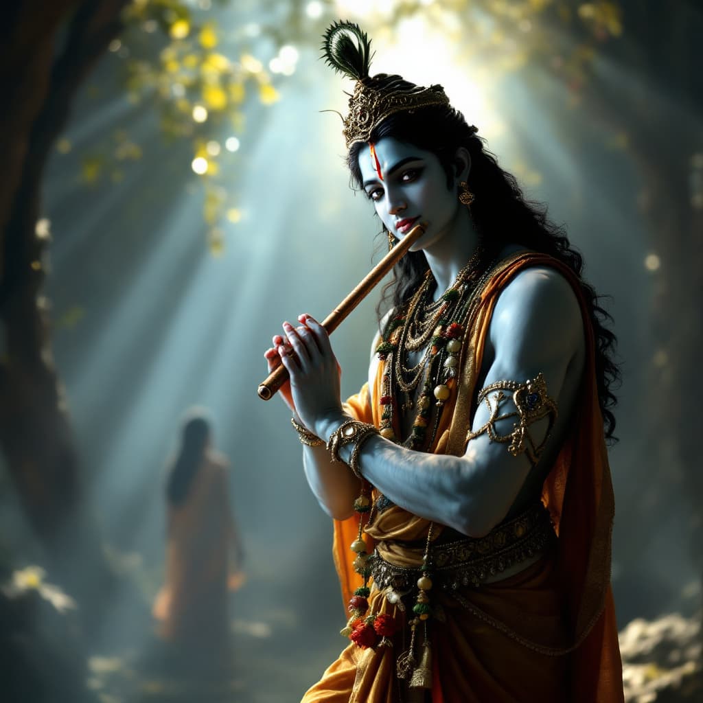 AI generated: Create full body image of Indian diety ShriKrishna standing with one leg crossing the other and hold...