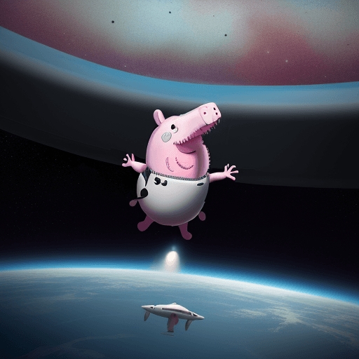 AI generated: peppa flotando en el espacio exterior al lado de una nave alienígena de donde sale un monstruo rosa