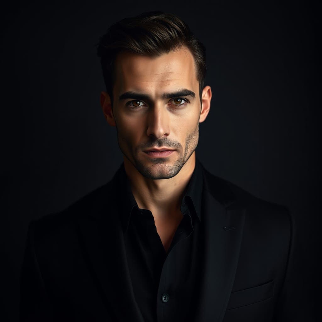AI generated:  Sensual 40-year-old Spanish man with chiseled features and piercing eyes, adorned in a sleek minima...