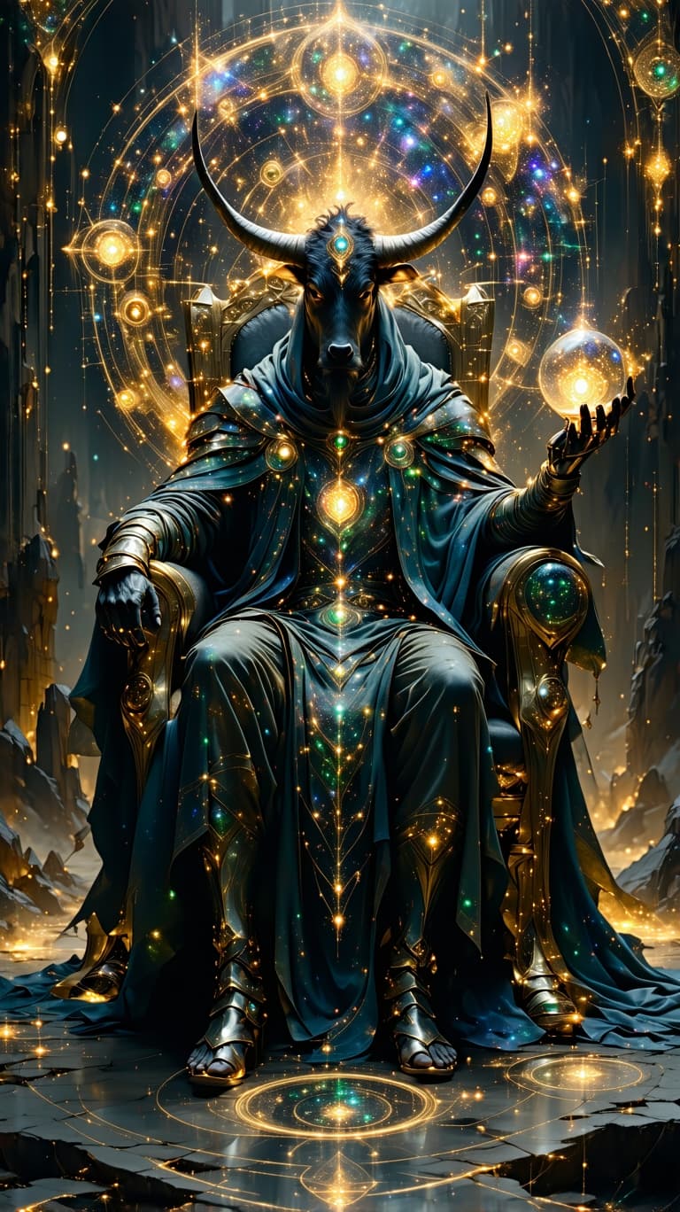 AI generated: A regal celestial king, adorned in opalescent golden armor etched with cosmic fractals, sits upon a ...