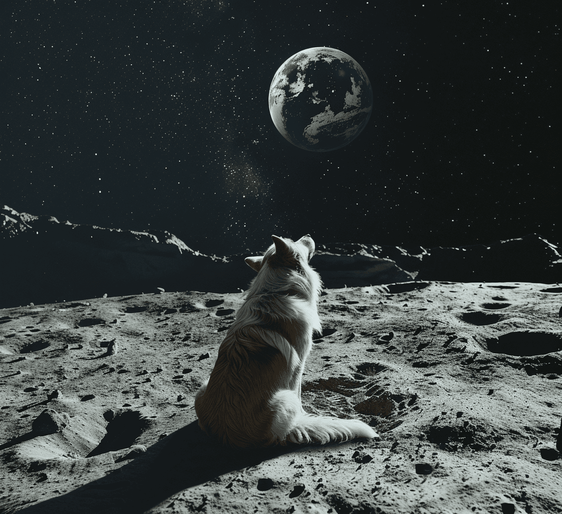 AI generated: A dog on the surface of the moon, with earth in the background, in a hyper realistic photographic st...