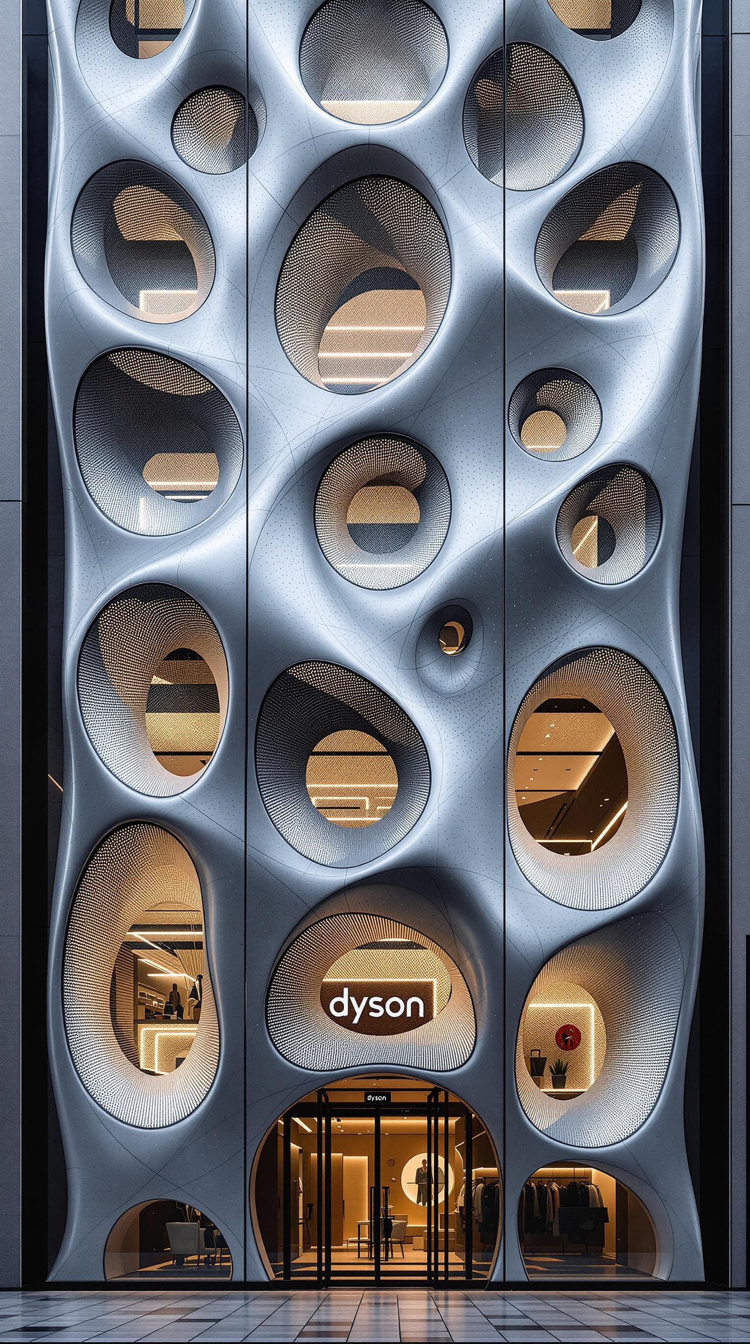 AI generated: an dyson store facade inspired by punk aesthetics with organic shapes , architectural photography of...