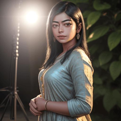 AI generated: Super-Realistic potrait of Rashmika Mandanna standing at photoshoot location, worn a detailed textur...
