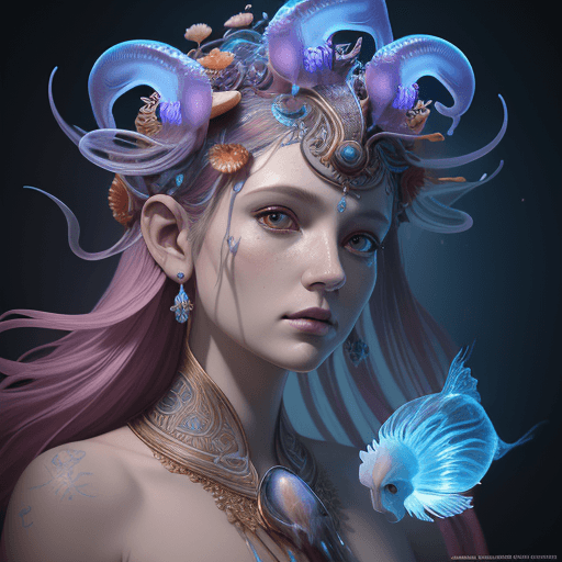 AI generated: Goddess close-up portrait ribcagel. jellyfish phoenix head, nautilus, orchid, skull, betta fish, bio...