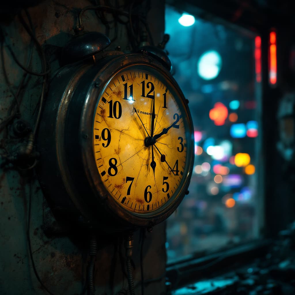 AI generated: Hyper-realistic close-up of an old wall clock hanging in Raj’s dimly lit lab. The clock, a dust-cove...