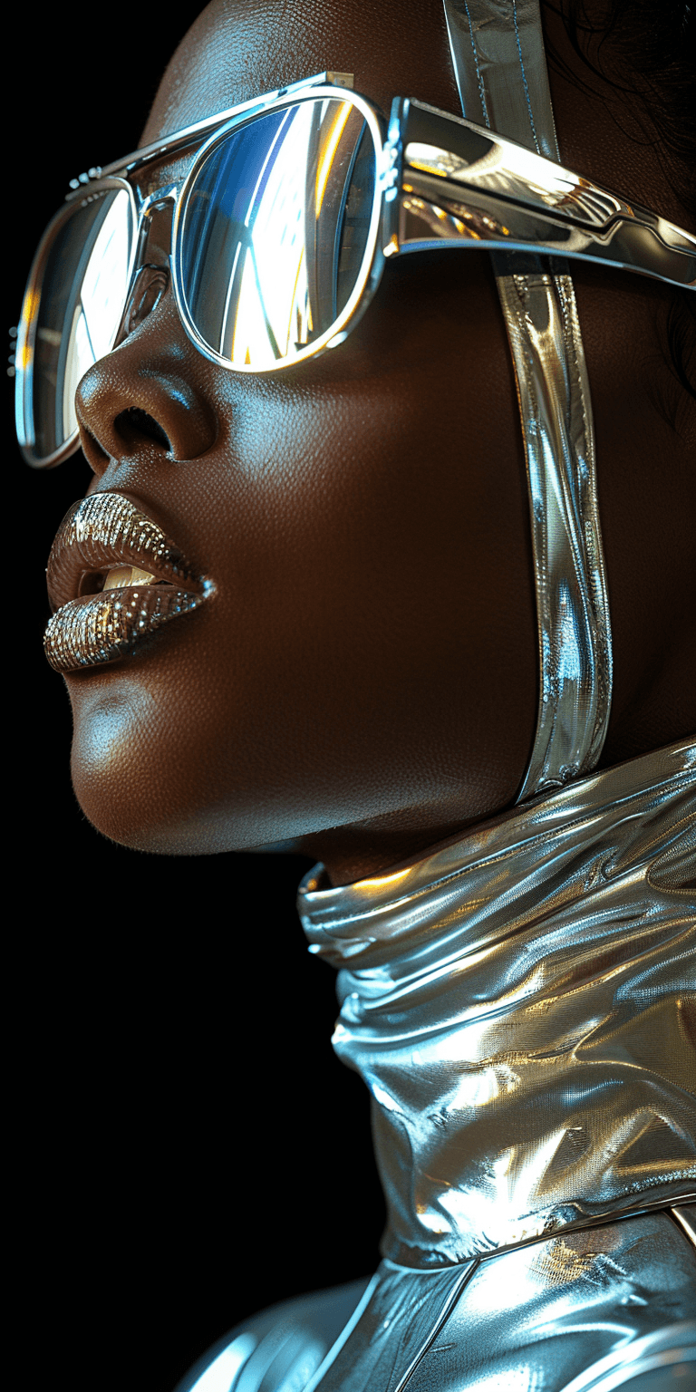 AI generated: A portrait of an android woman wearing reflective sunglasses and metallic armor against a black back...