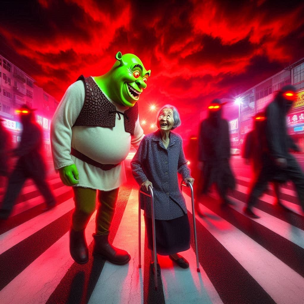 AI generated: Shrek en 3d con cara extraña se acompaña muy amablemente a una anciana a cruzar por el paso de peato...