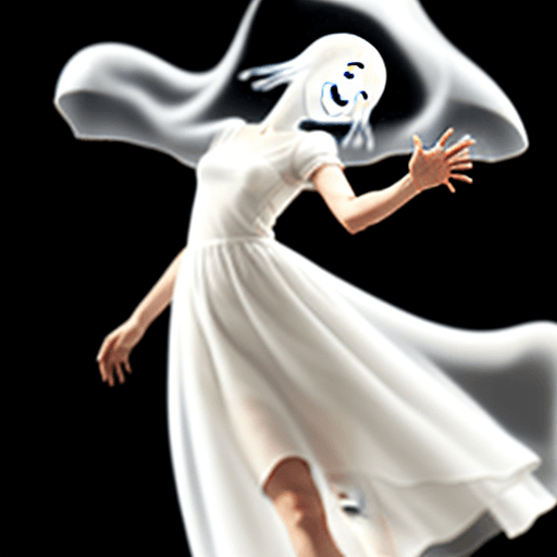 AI generated: A photo realistic girl in a white dress, trying to touch a translucent friendly cartoon ghost hoveri...