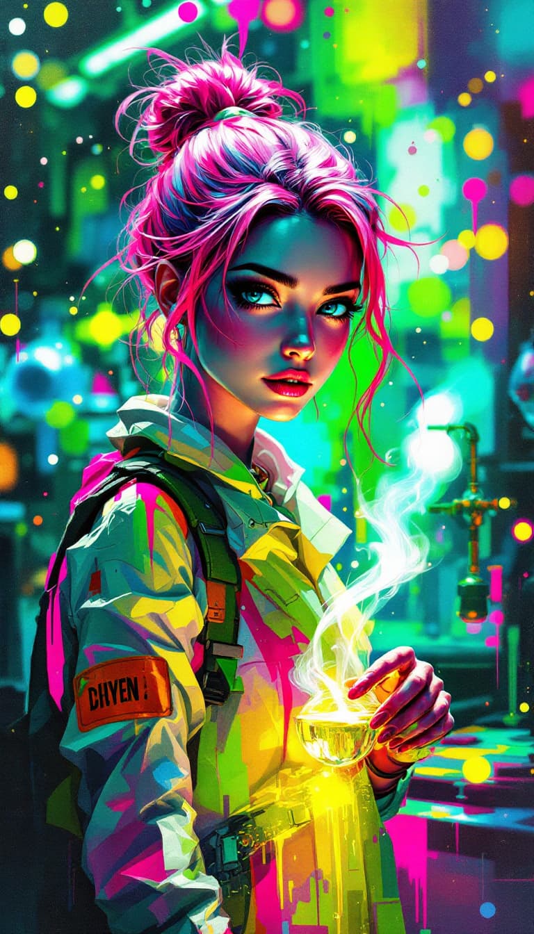 AI generated: "Prismatic Alchemist in a Laboratory of Light": A compelling abstract painting portrays an alchemist...